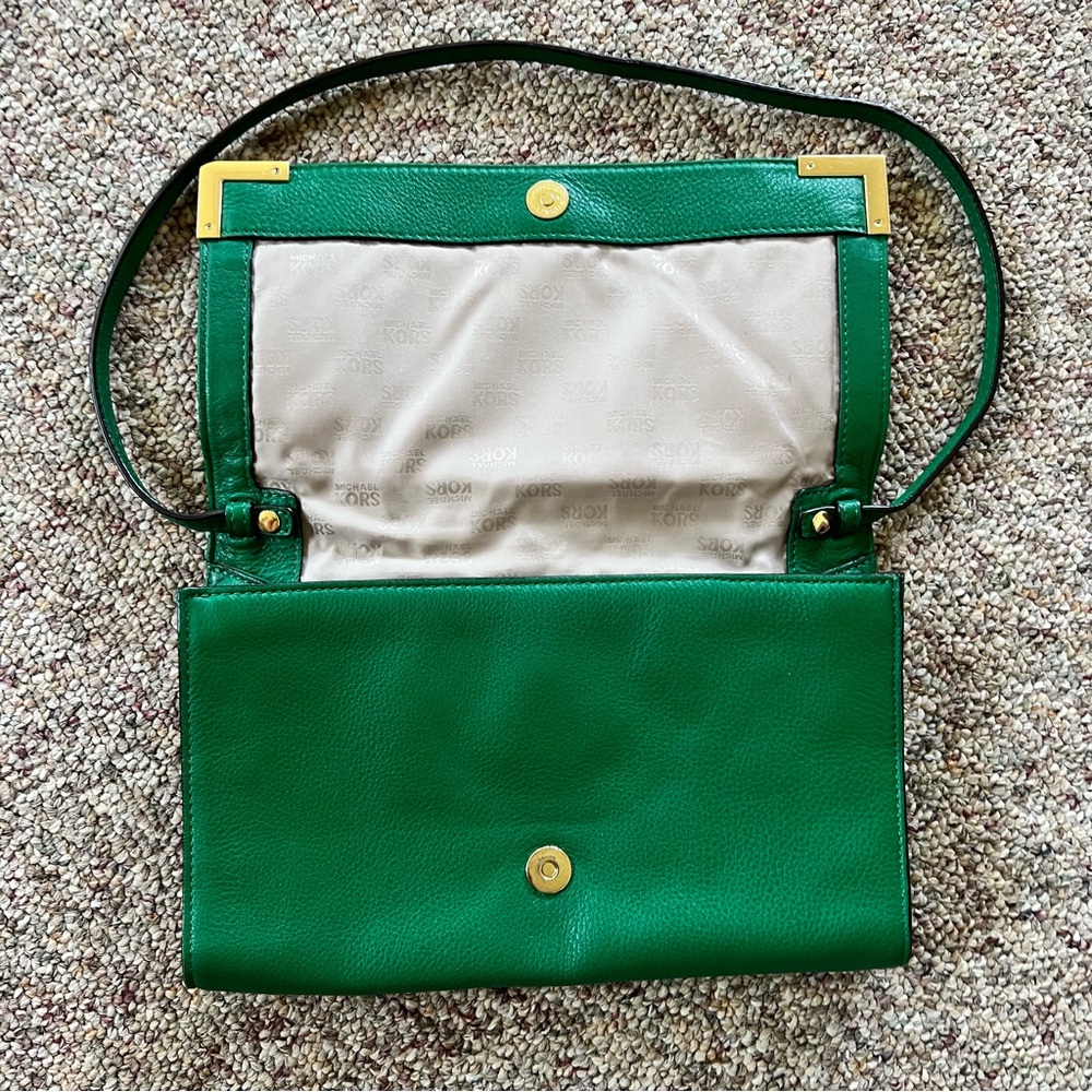 Michael Kors Green Leather Shoulder Bag Clutch Purse - Picture 6 of 11